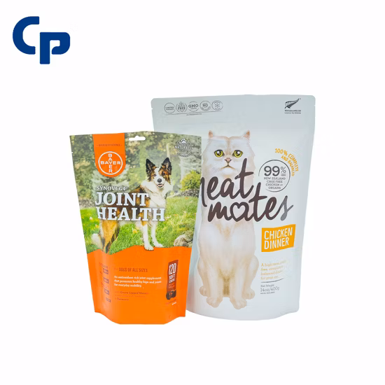 Alimentos para cães e gatos flexíveis de fundo plano/saco de embalagem com zíper para alimentos para animais de estimação/saco de reforço lateral para embalagens de alimentos para animais de estimação