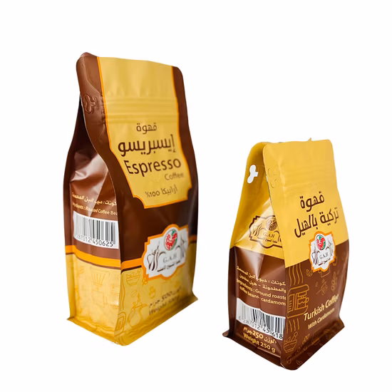 Saco de café personalizado com vedação de oito lados, válvula de embalagem com zíper, bolsa de fundo plano, saco de café para pó de grãos de café